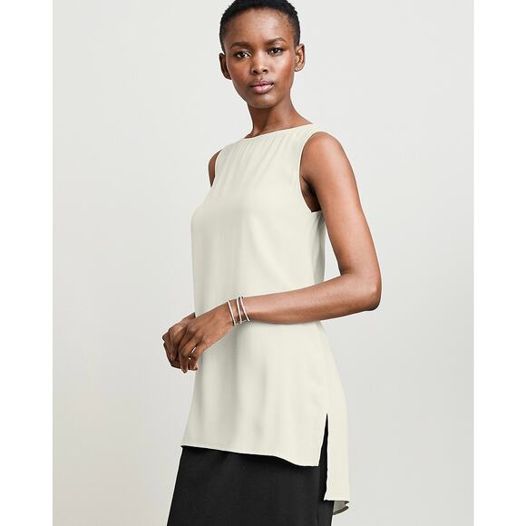 Eileen Fisher 100% Silk Georgette Crêpe Long Shell Bone Bateau Neck Top S Petite - Picture 4 of 16